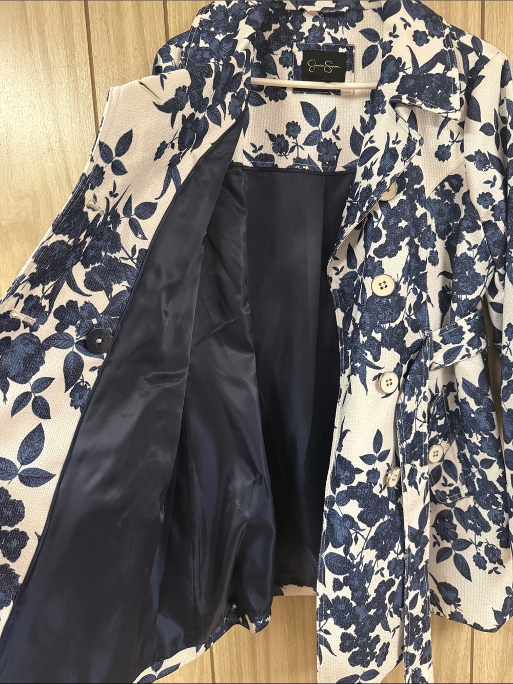 Jessica Simpson Navy & White Floral Trench Coat - Picture 7 of 7